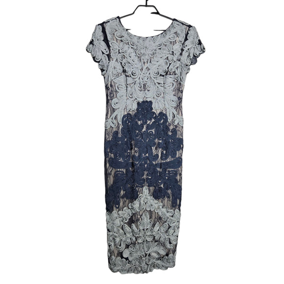 JS Collections Embroidered Ribbon Dress Size 12 Midi Blue Silver Shoet Sleeve - Picture 2 of 6